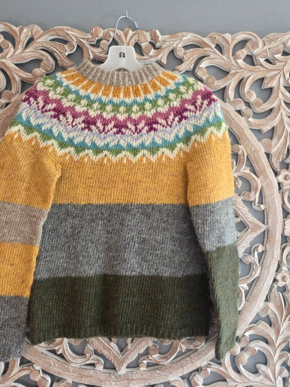 Oslo Hand-Knit Homemade Wool Sweater Classic Norwegian Fair Isle Bright Colors S - Picture 4 of 6